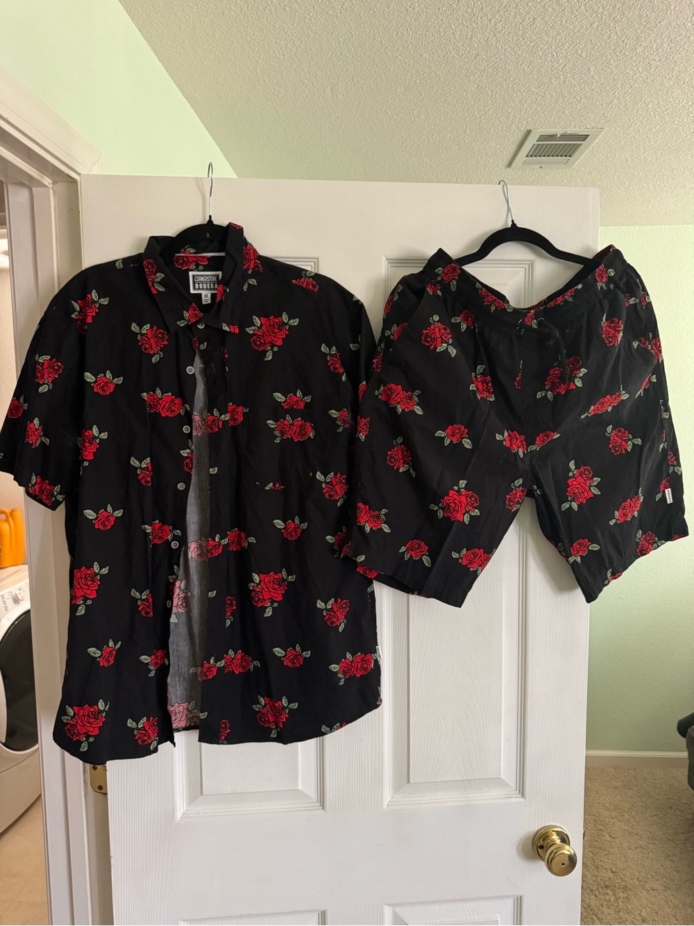 Men's Black Floral Button-Up Shirt & Shorts Set - Red Rose Print